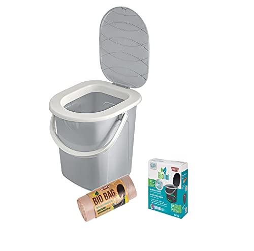 BranQ - Home essential 3- teilige Set: BranQ Mobile Campingtoilette 22 Ltr mit max. Tragkraft bis 120kg, BPA-freier Kunststoff PP + Biologisches Präparat 5x25 g + 20 Stück Bio Toilettenbeutel