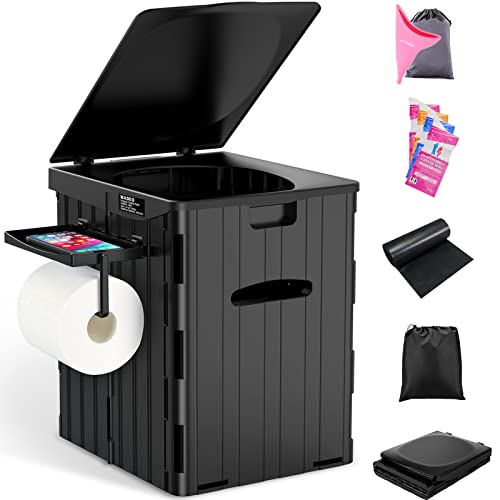 WADEO Tragbare Campingtoilette für Erwachsene, 38 L Mobile Toilette mit 12 Stück Toilettenbeutel, Falttoilette mit Uriniergerät, Papierrollehalter und Telefonablage, max. Tragkraft bis 200kg